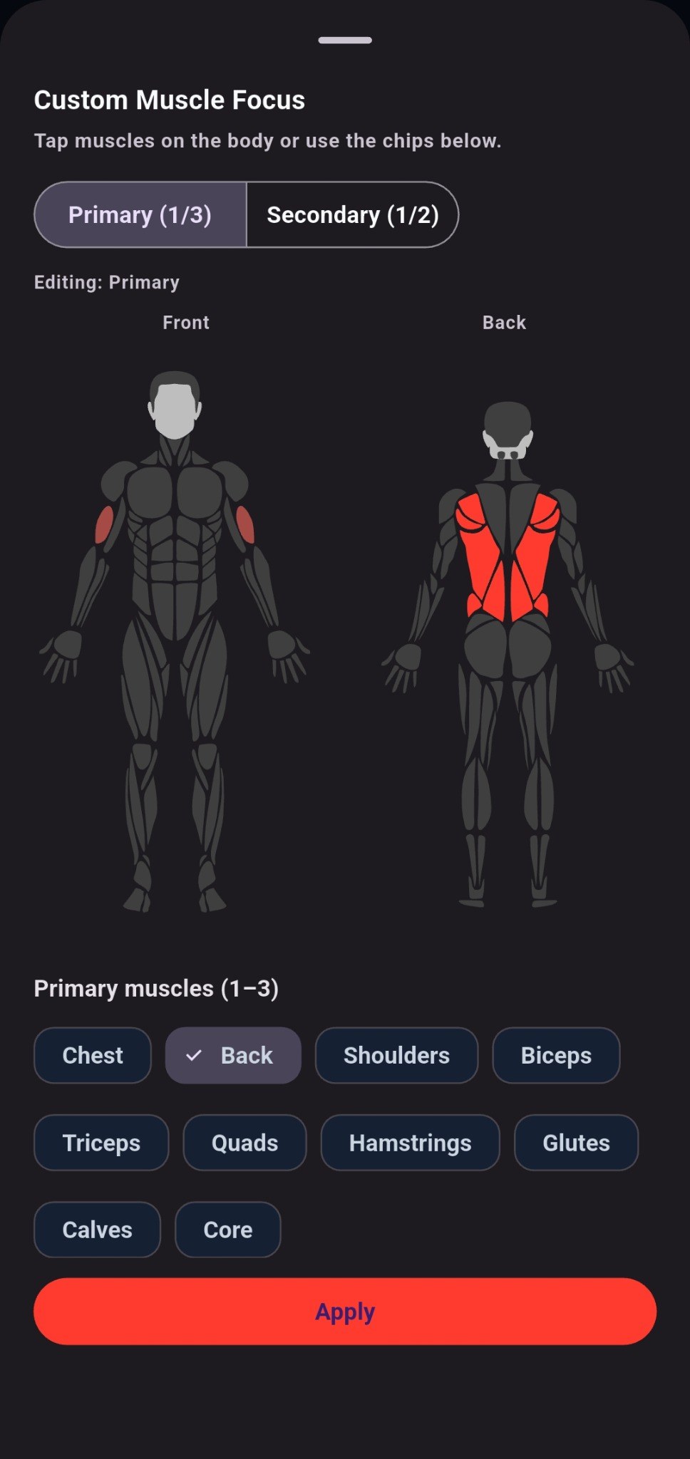Corely Custom Muscle Focus body map and muscle chips