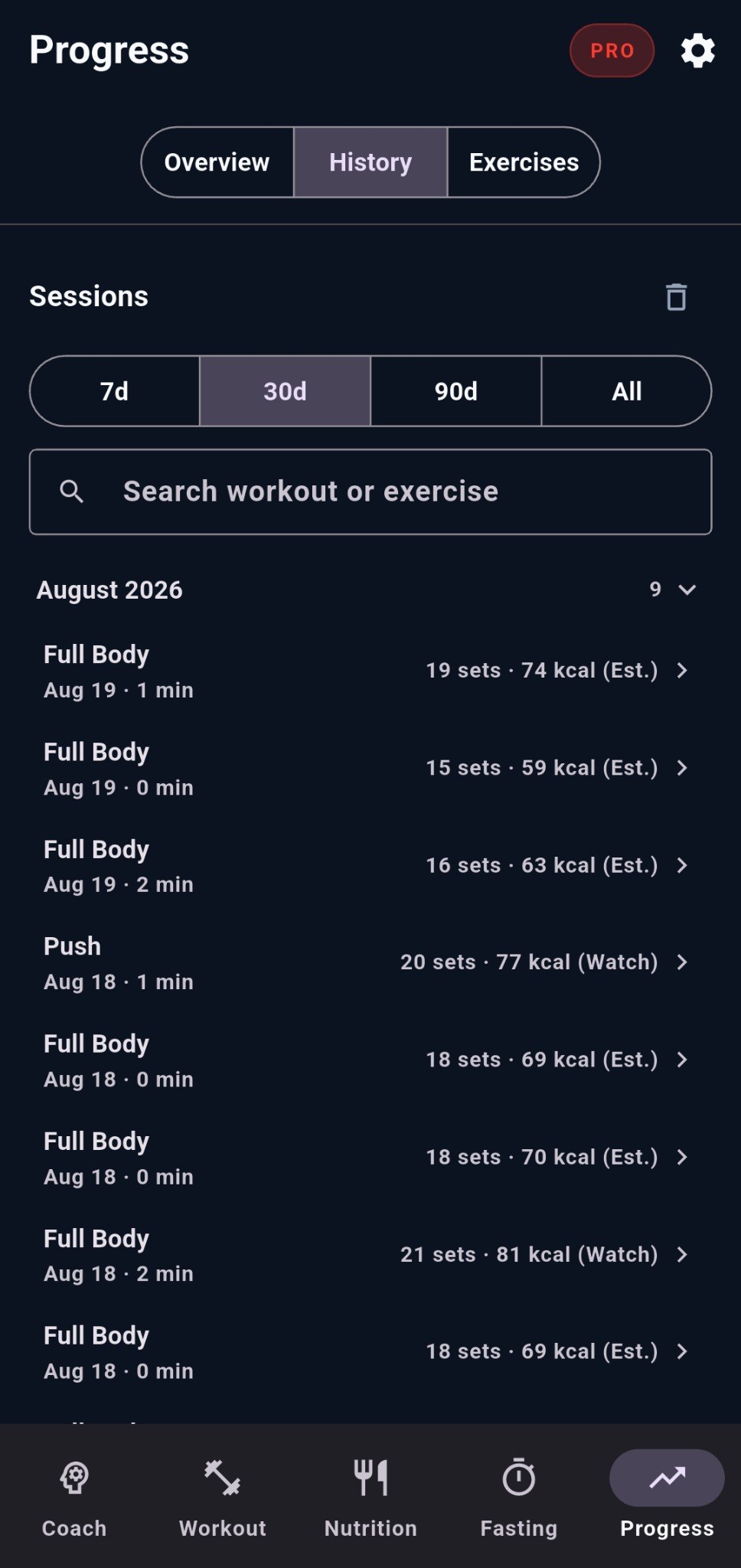 Corely Progress History tab with session range filters and workout search