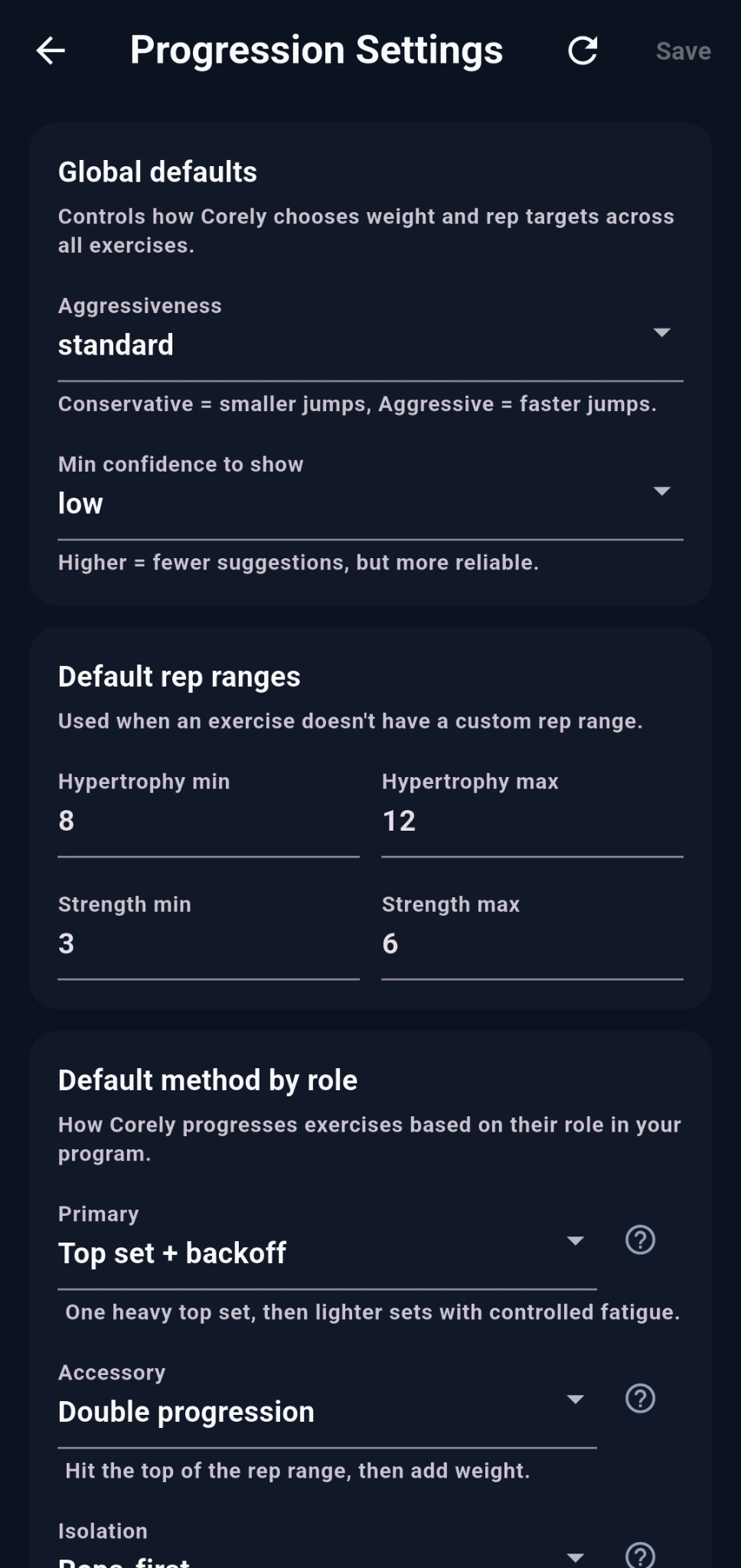 Corely progression settings screen